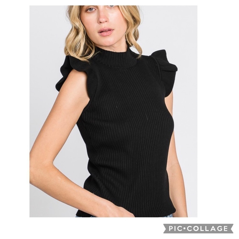 Black Ribbed Top w/Ruffle Sleeves
